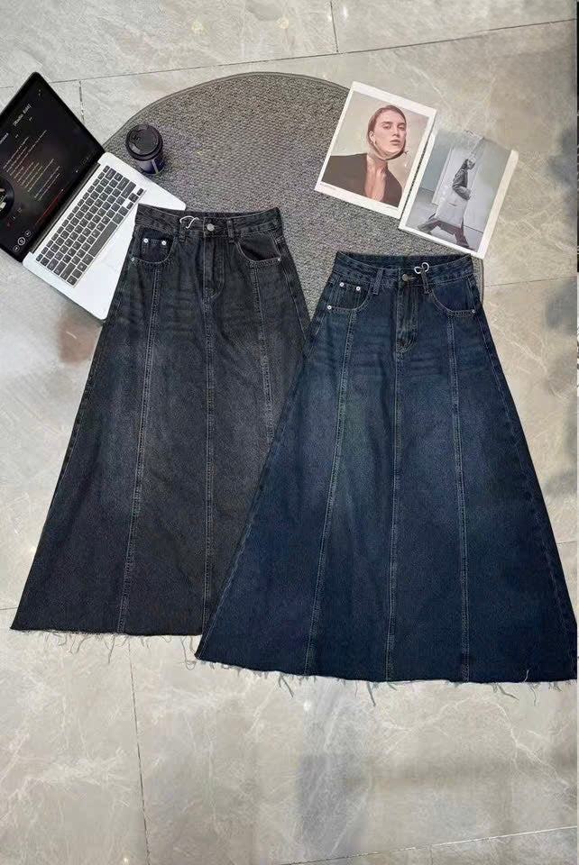 Long Paneled A-Line Denim Maxi Skirt