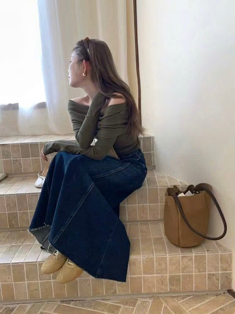 Long Paneled A-Line Denim Maxi Skirt