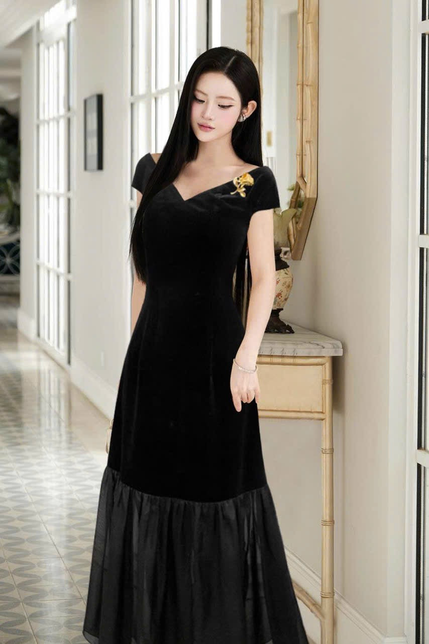 Black Velvet and Chiffon Mermaid Gown