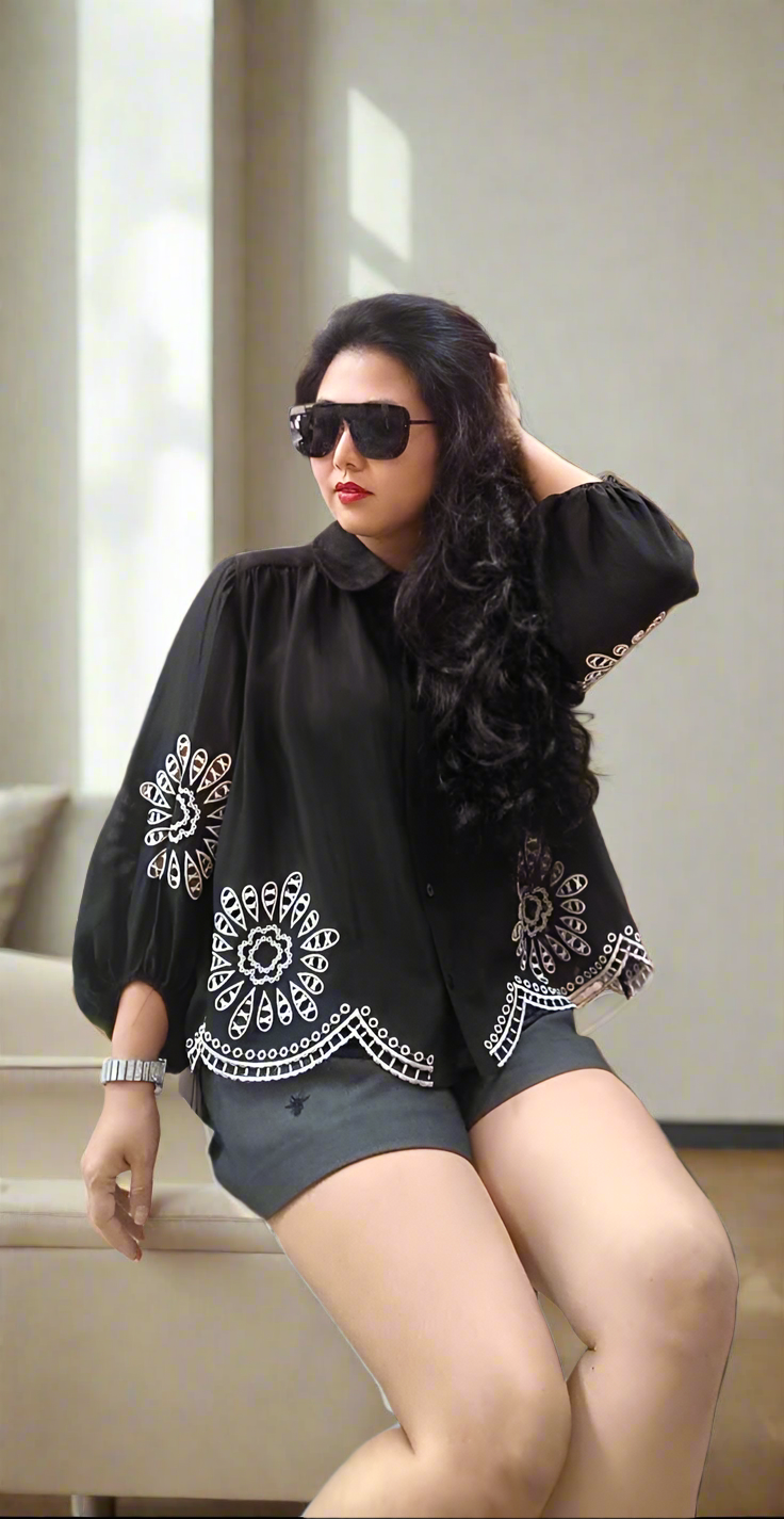 Balloon Sleeve Eyelet Blouse