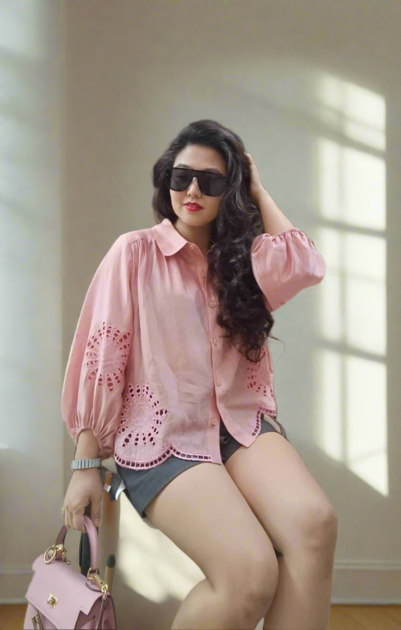 Balloon Sleeve Eyelet Blouse