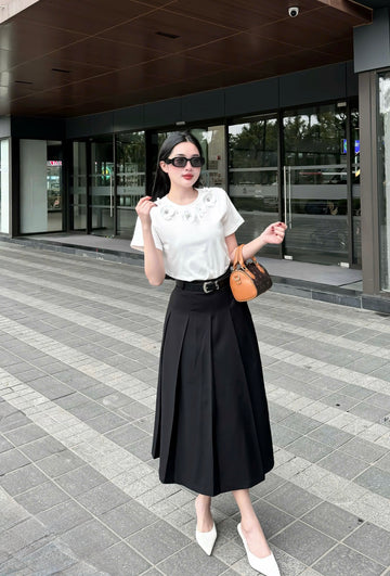 Pleated A-Line Midi Skirt with Belt