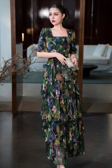 Long chiffon dress with floral detail