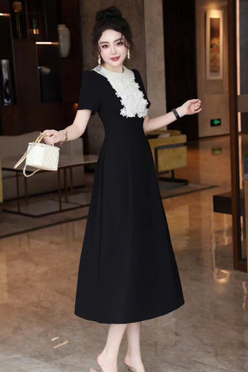 Mid-length Black Dress with White Neck